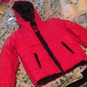 Red puffer jacket